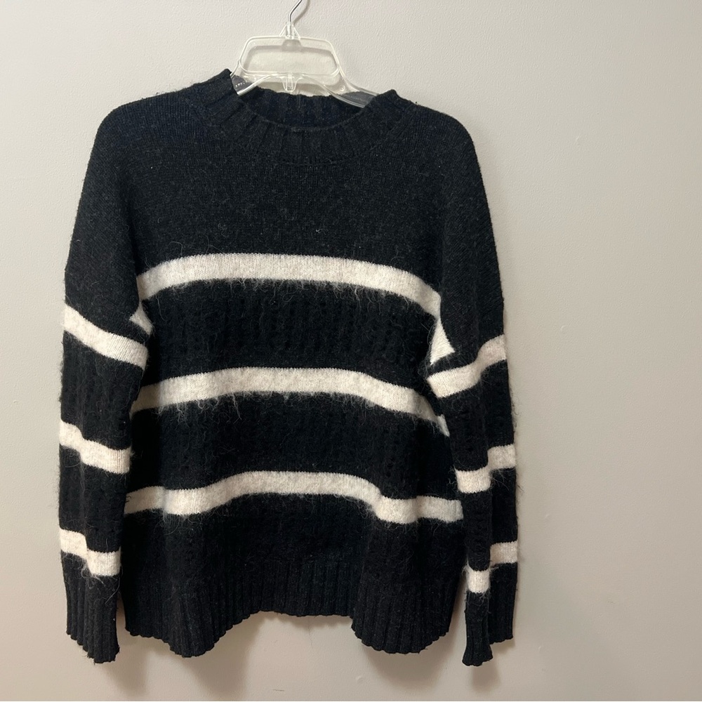 All Saints Black and Ivory Striped Crew Neck Sweater